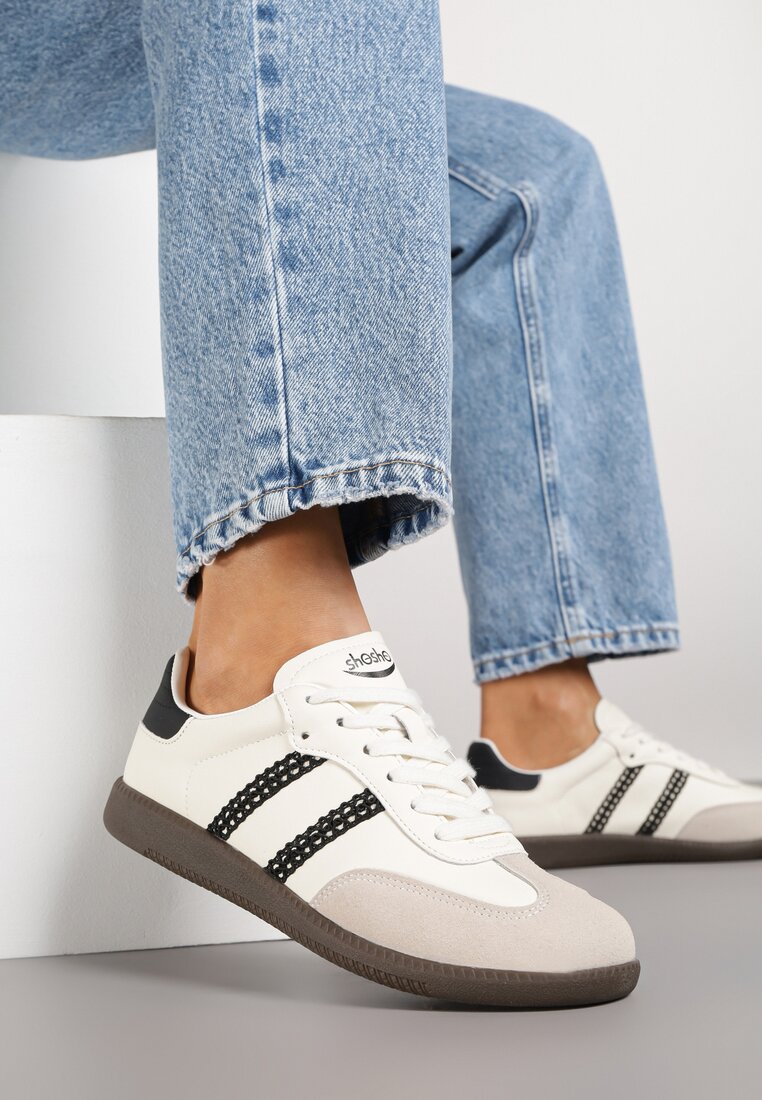 Beżowo-Czarne Sneakersy w Stylu Tenisówek z Geometrycznym Motywem Halonelle