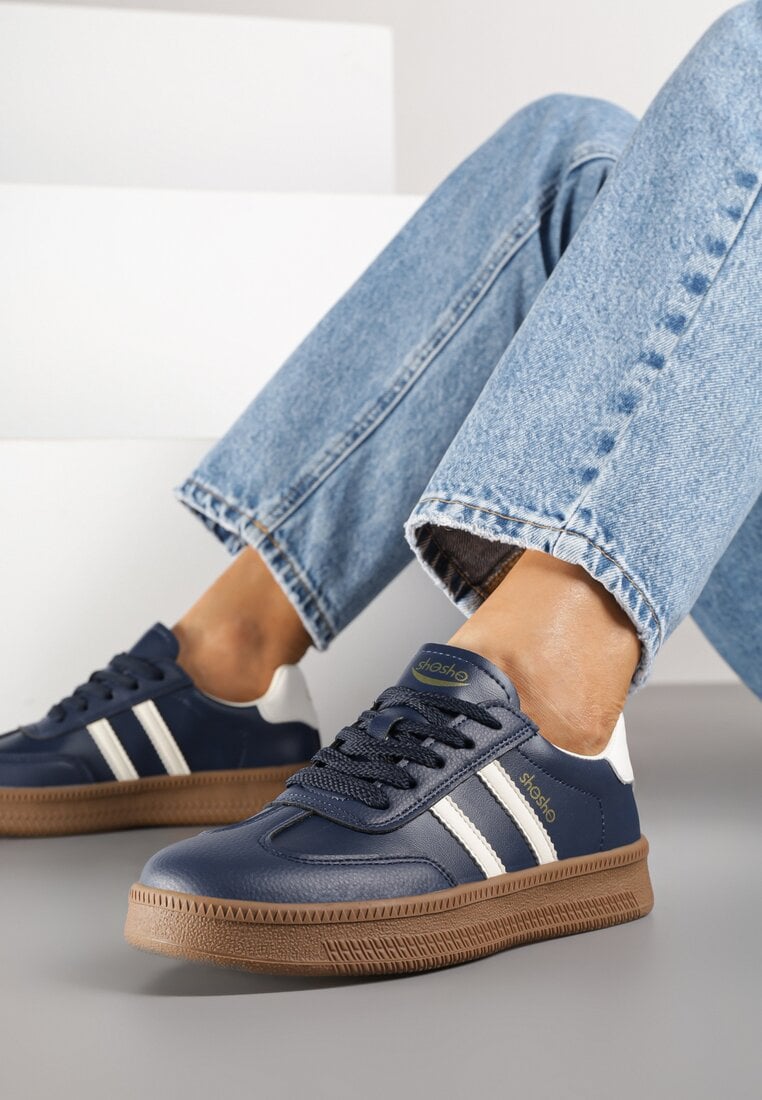 Granatowe Sneakersy Sportowe z Ozdobnymi Paskami i Przeszyciami Wenilan