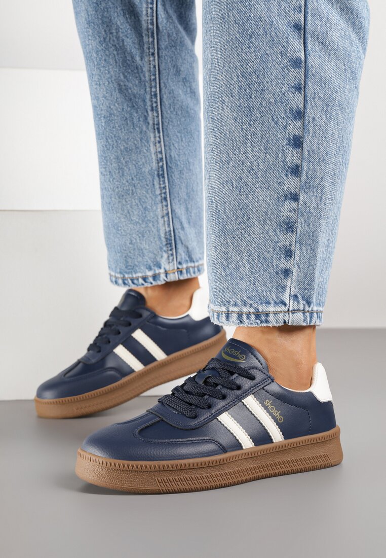 Granatowe Sneakersy Sportowe z Ozdobnymi Paskami i Przeszyciami Wenilan