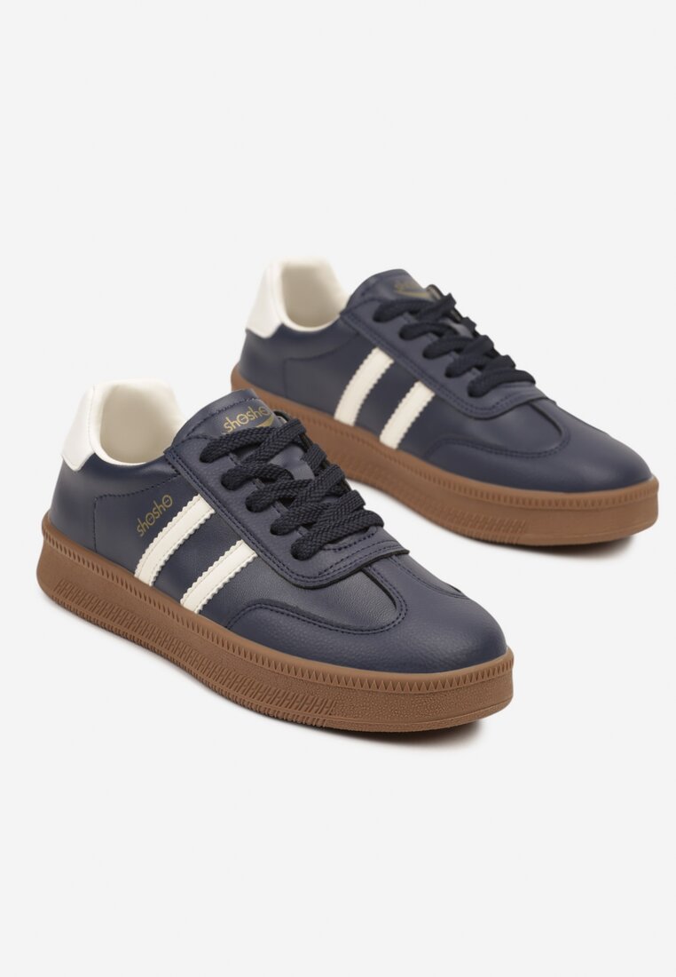 Granatowe Sneakersy Sportowe z Ozdobnymi Paskami i Przeszyciami Wenilan