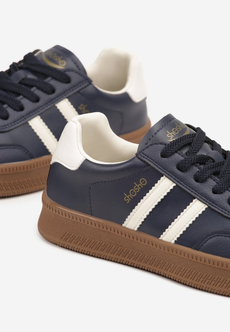 Granatowe Sneakersy Sportowe z Ozdobnymi Paskami i Przeszyciami Wenilan