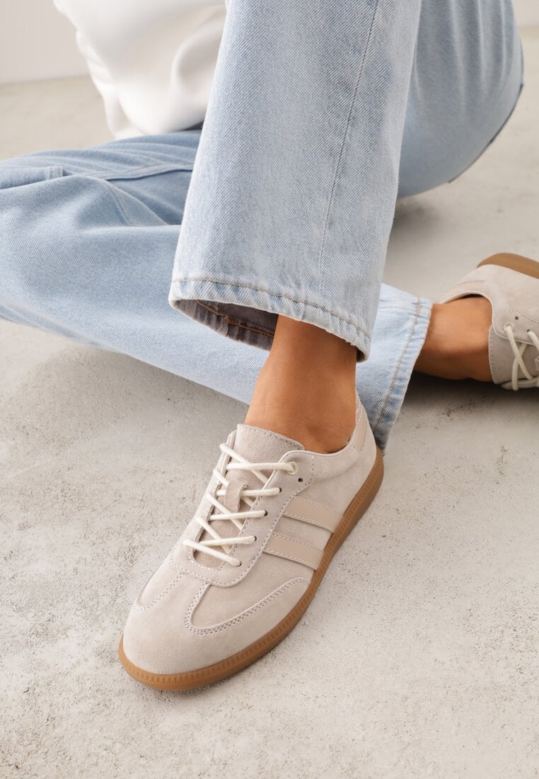 Beżowe Płaskie Sneakersy ze Skóry Naturalnej z Ozdobnymi Paskami Nelarielis