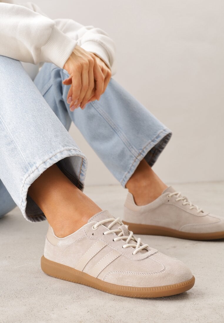 Beżowe Płaskie Sneakersy ze Skóry Naturalnej z Ozdobnymi Paskami Nelarielis