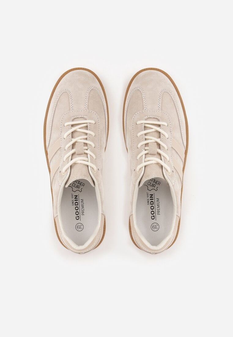 Beżowe Płaskie Sneakersy ze Skóry Naturalnej z Ozdobnymi Paskami Nelarielis