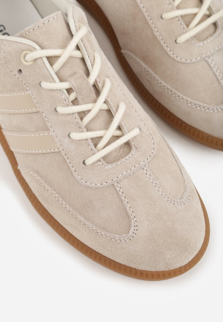 Beżowe Płaskie Sneakersy ze Skóry Naturalnej z Ozdobnymi Paskami Nelarielis