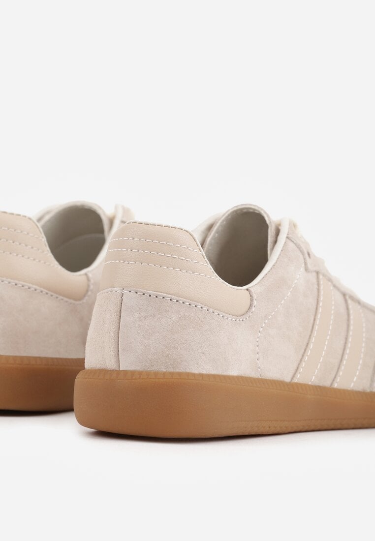 Beżowe Płaskie Sneakersy ze Skóry Naturalnej z Ozdobnymi Paskami Nelarielis