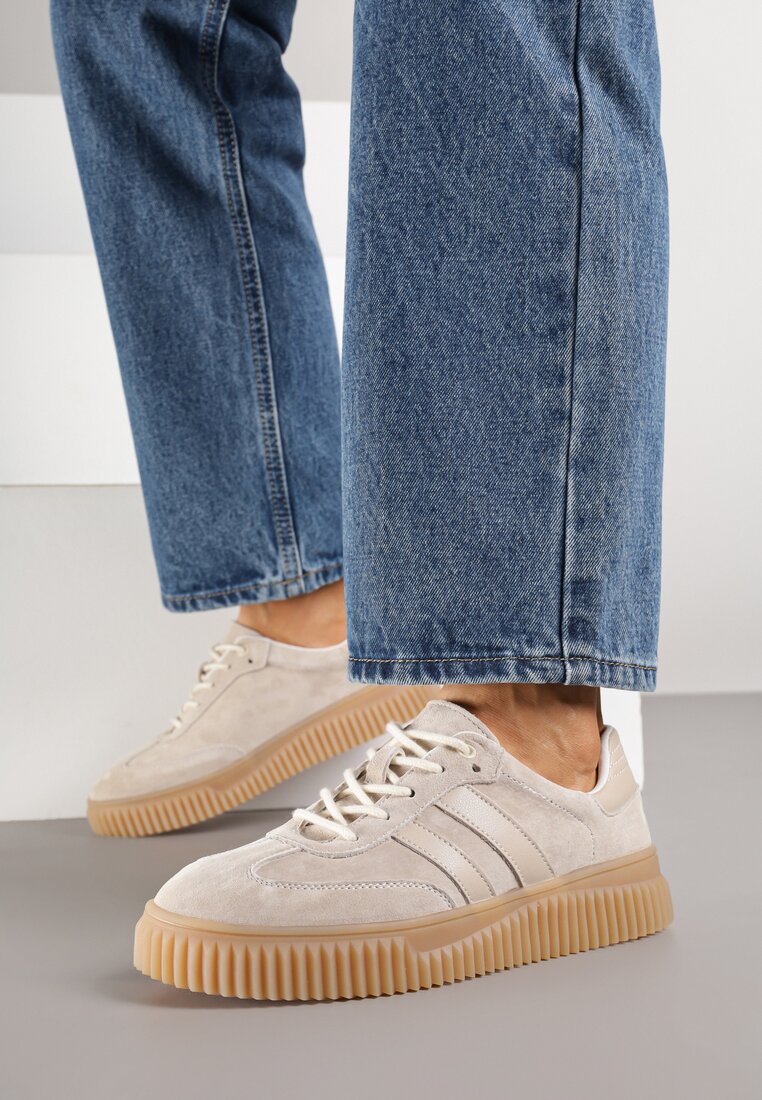 Beżowe Zamszowe Sneakersy Tenisówki z Wkładką ze Skóry Naturalnej Ozdobione Tłoczeniem Meluella