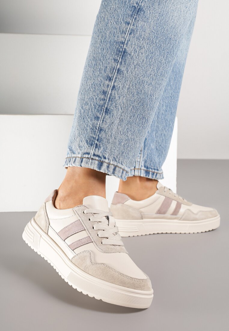 Beżowe Sneakersy ze Skóry Naturalnej Ozdobione Paskami Arabbela