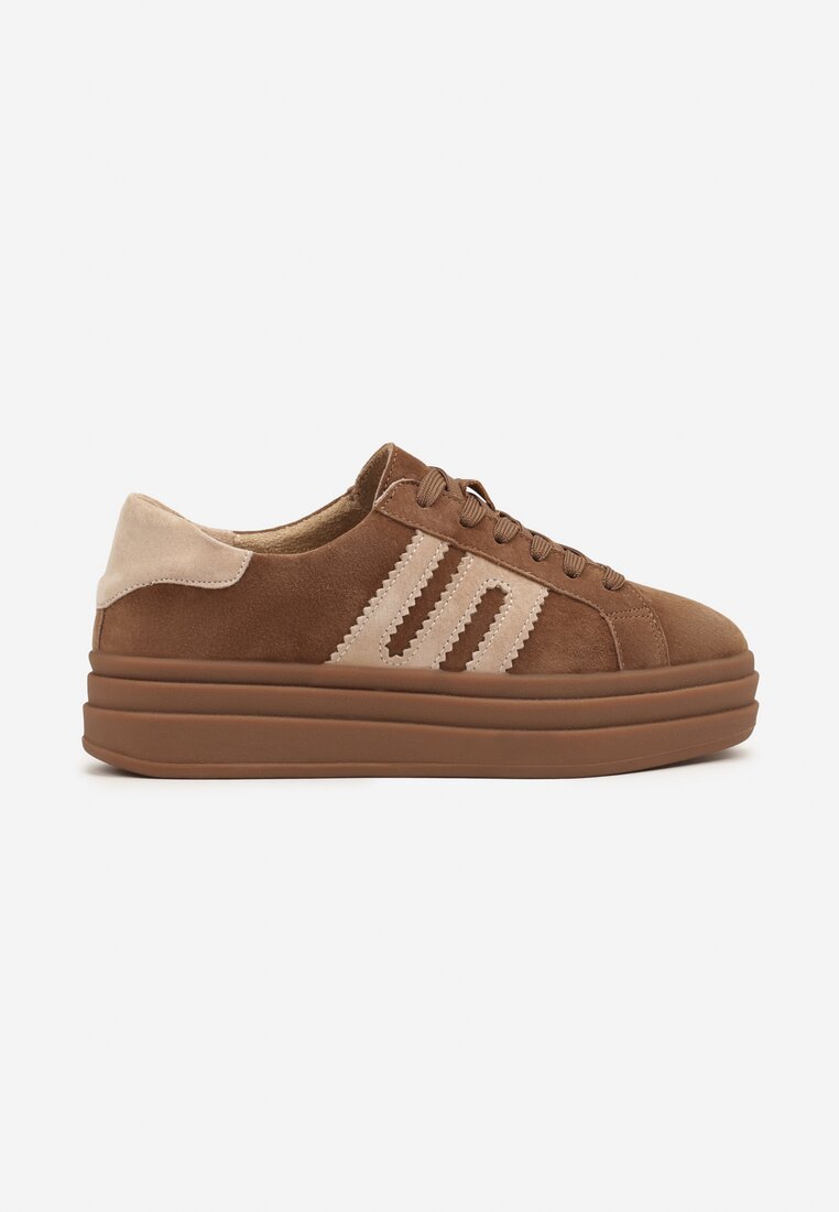 Brązowe Sneakersy Zamszowe na Platformie z Wkładką ze Skóry Naturalnej i Aplikacją Rilarina