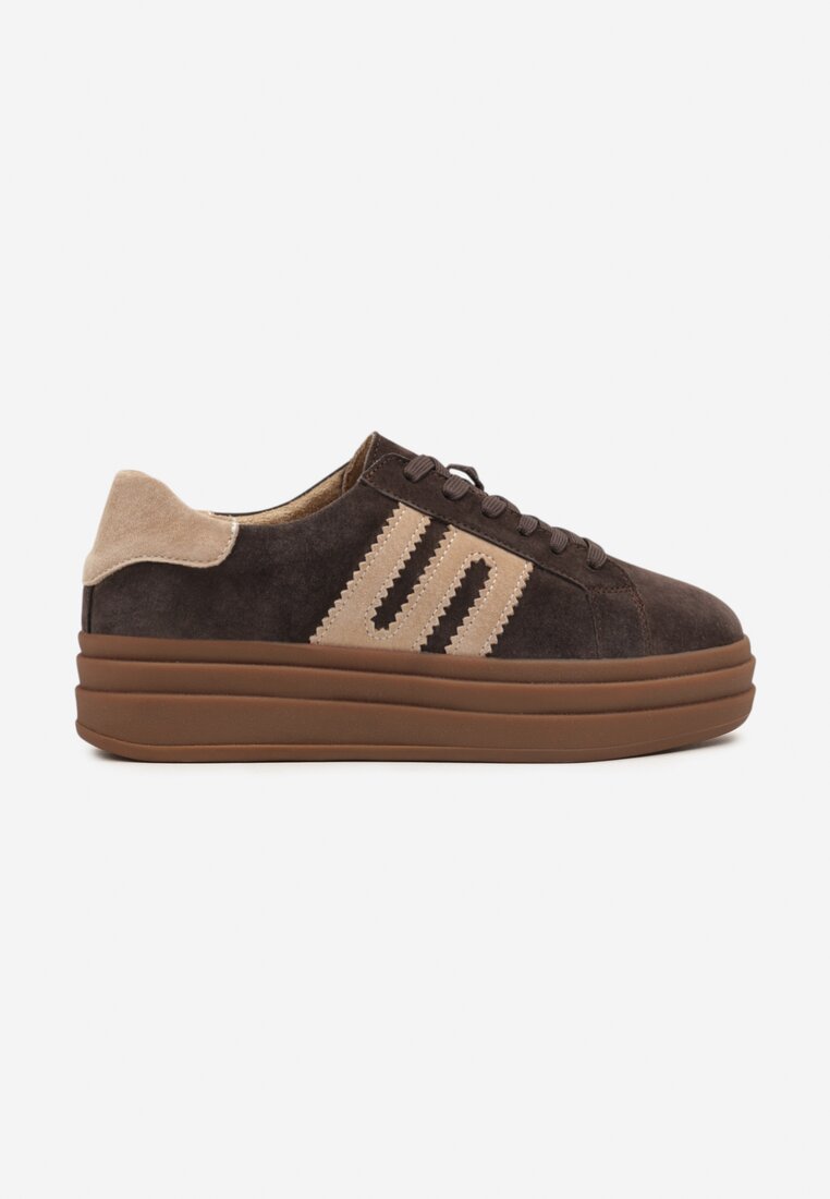 Ciemnobrązowe Sneakersy Zamszowe na Platformie z Wkładką ze Skóry Naturalnej i Aplikacją Rilarina