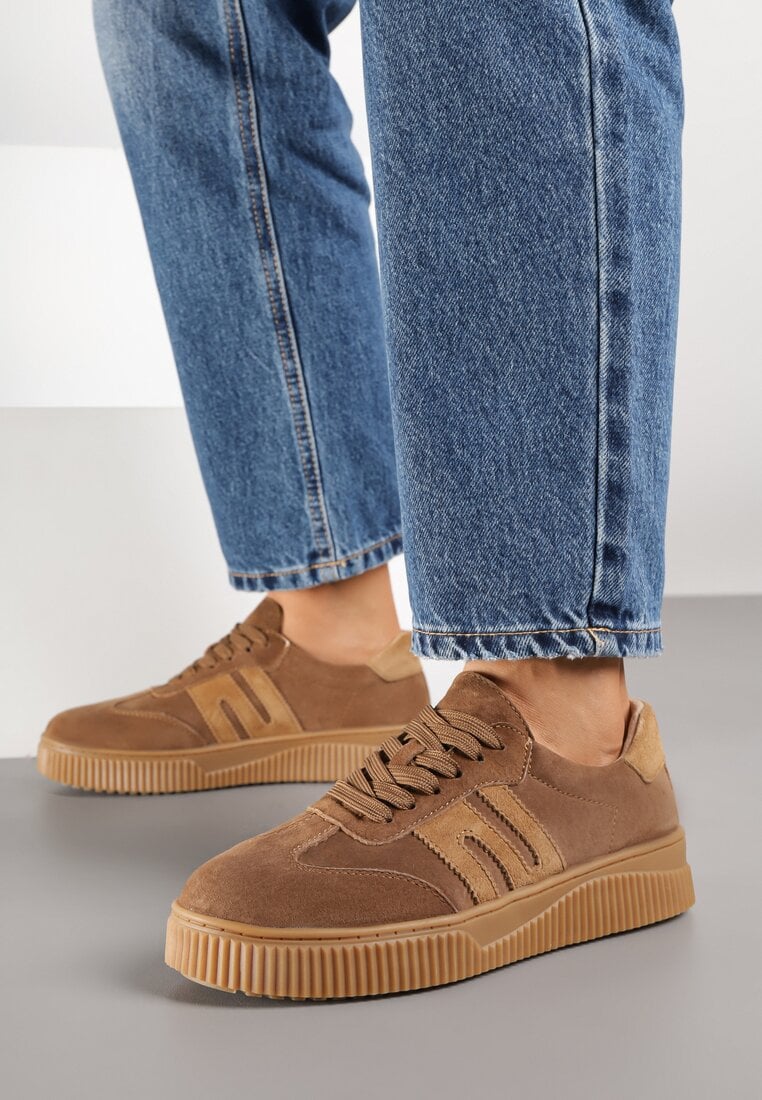 Brązowe Skórzane Sneakersy w Stylu Tenisówek z Geometrycznym Wzorem Halossea