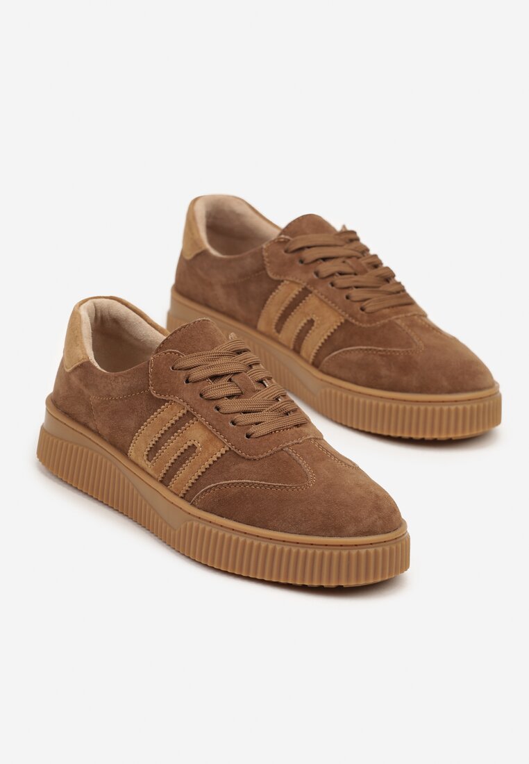 Brązowe Skórzane Sneakersy w Stylu Tenisówek z Geometrycznym Wzorem Halossea