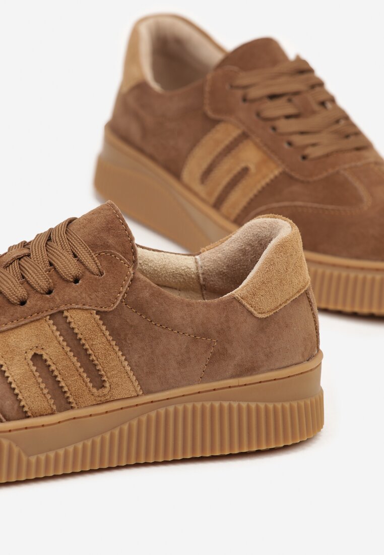 Brązowe Skórzane Sneakersy w Stylu Tenisówek z Geometrycznym Wzorem Halossea