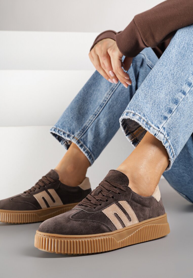 Ciemnobrązowe Skórzane Sneakersy w Stylu Tenisówek z Geometrycznym Wzorem Halossea