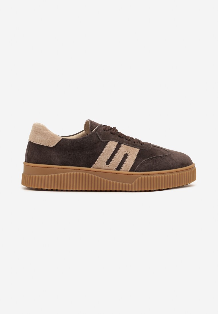 Ciemnobrązowe Skórzane Sneakersy w Stylu Tenisówek z Geometrycznym Wzorem Halossea