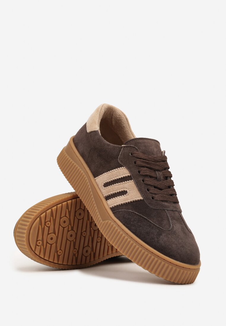 Ciemnobrązowe Skórzane Sneakersy w Stylu Tenisówek z Geometrycznym Wzorem Halossea
