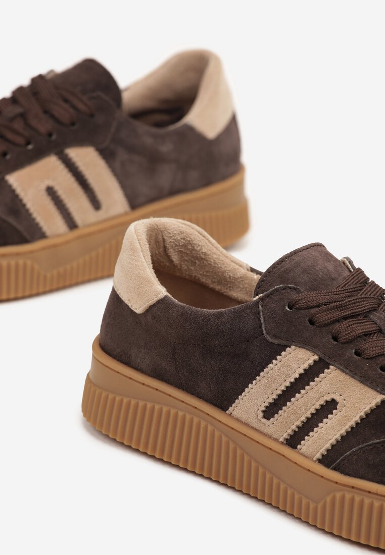 Ciemnobrązowe Skórzane Sneakersy w Stylu Tenisówek z Geometrycznym Wzorem Halossea