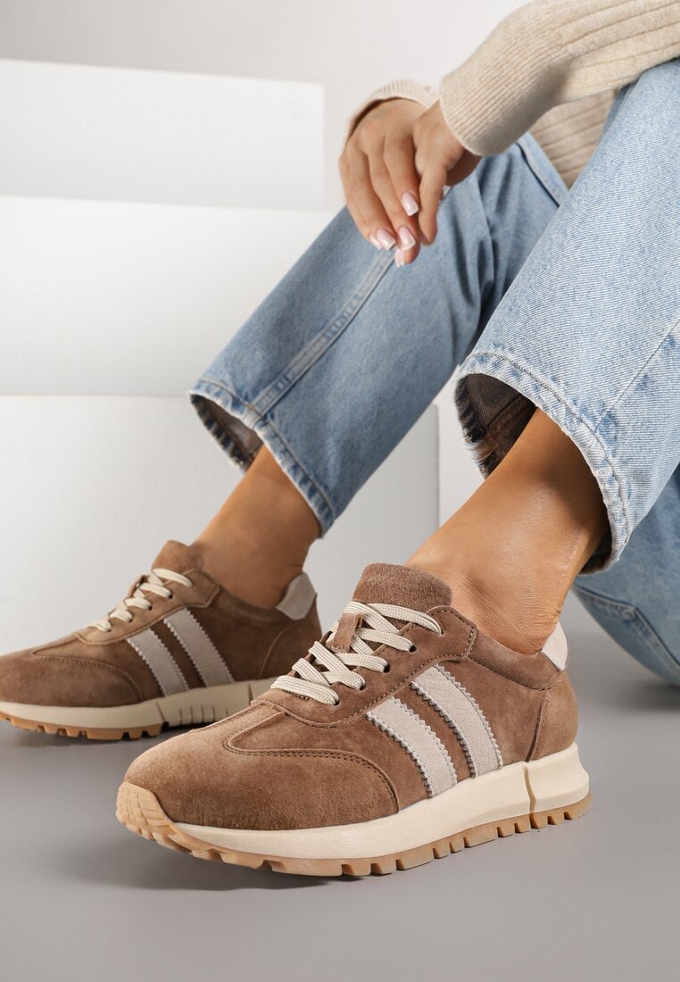 Brązowe Sneakersy ze Skóry Naturalnej z Paskami Kiarre