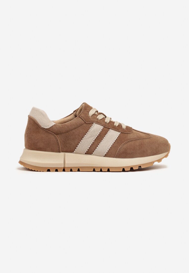 Brązowe Sneakersy ze Skóry Naturalnej z Paskami Kiarre