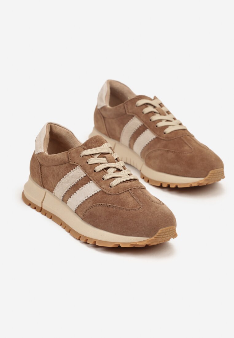 Brązowe Sneakersy ze Skóry Naturalnej z Paskami Kiarre