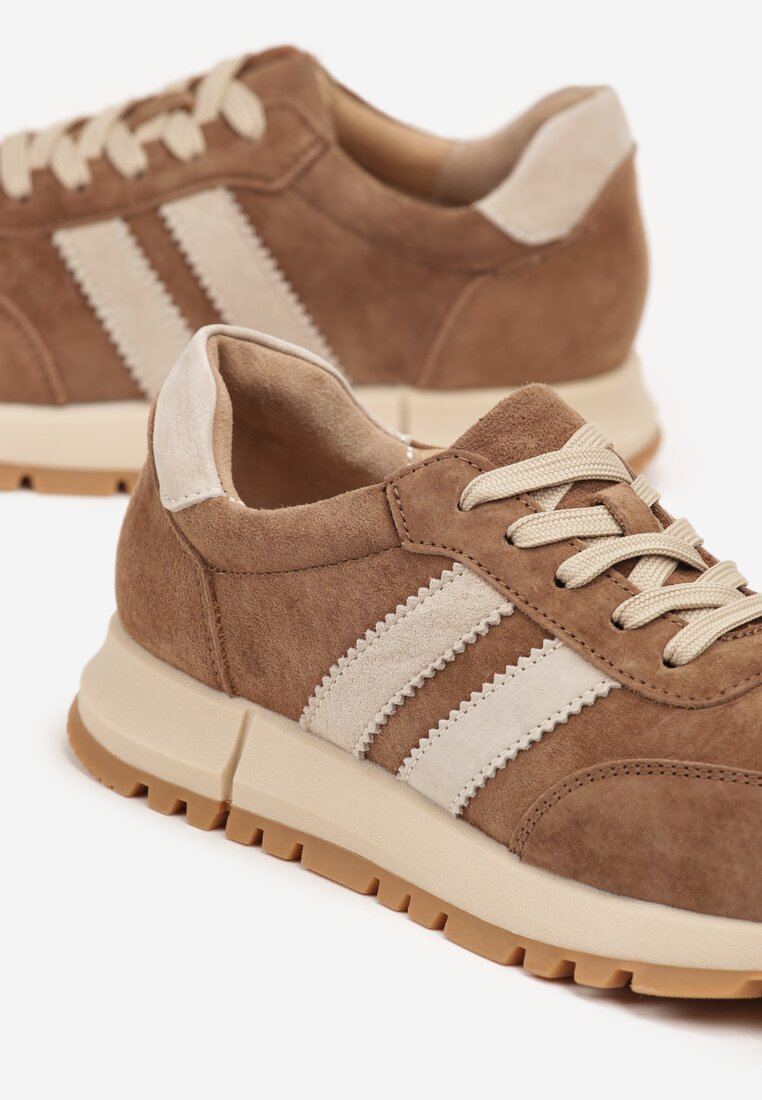 Brązowe Sneakersy ze Skóry Naturalnej z Paskami Kiarre