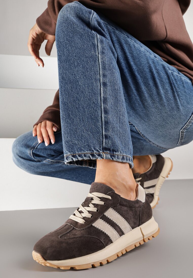 Ciemnobrązowe Sneakersy ze Skóry Naturalnej z Paskami Kiarre