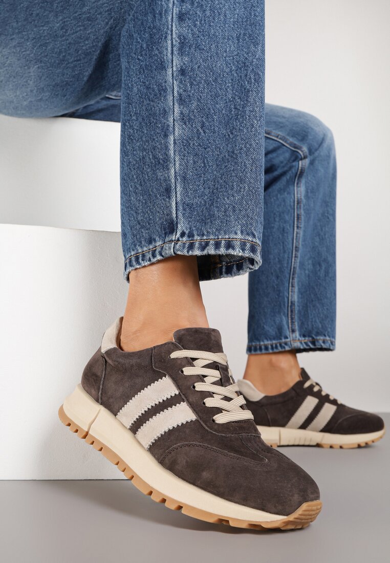 Ciemnobrązowe Sneakersy ze Skóry Naturalnej z Paskami Kiarre