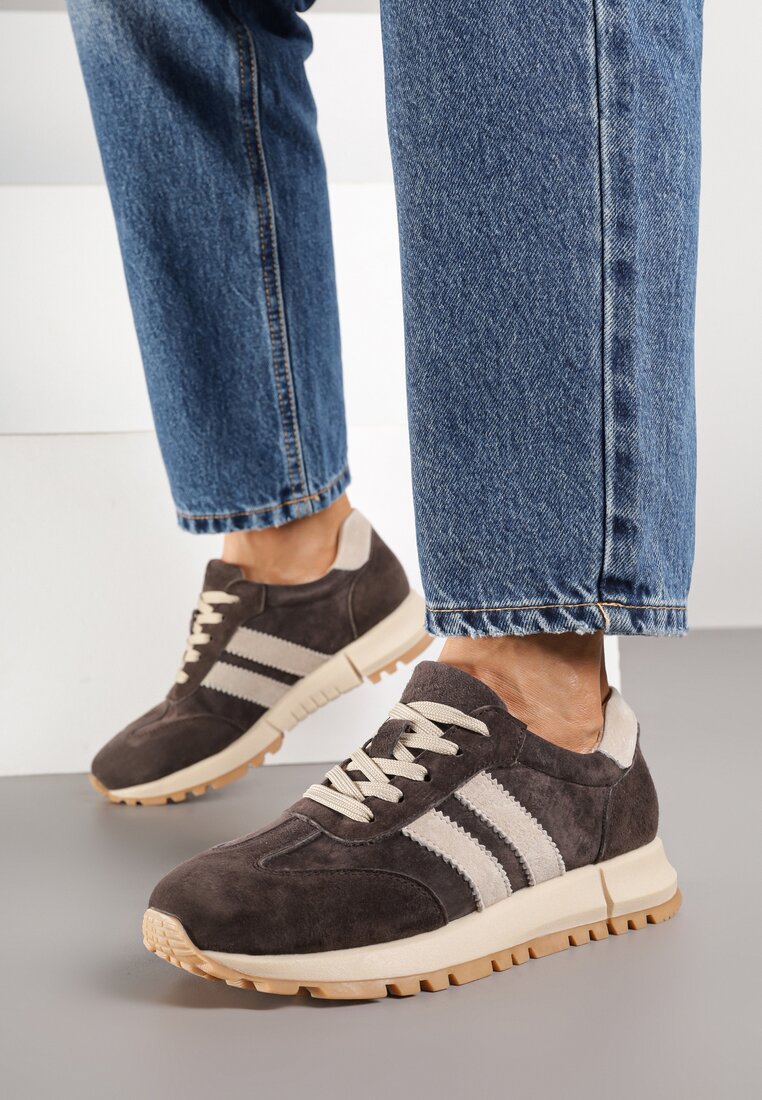 Ciemnobrązowe Sneakersy ze Skóry Naturalnej z Paskami Kiarre