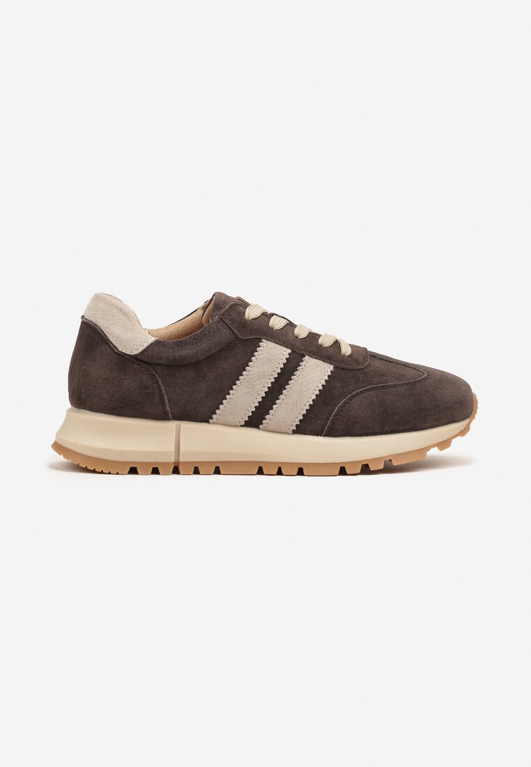 Ciemnobrązowe Sneakersy ze Skóry Naturalnej z Paskami Kiarre