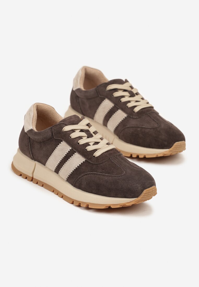 Ciemnobrązowe Sneakersy ze Skóry Naturalnej z Paskami Kiarre