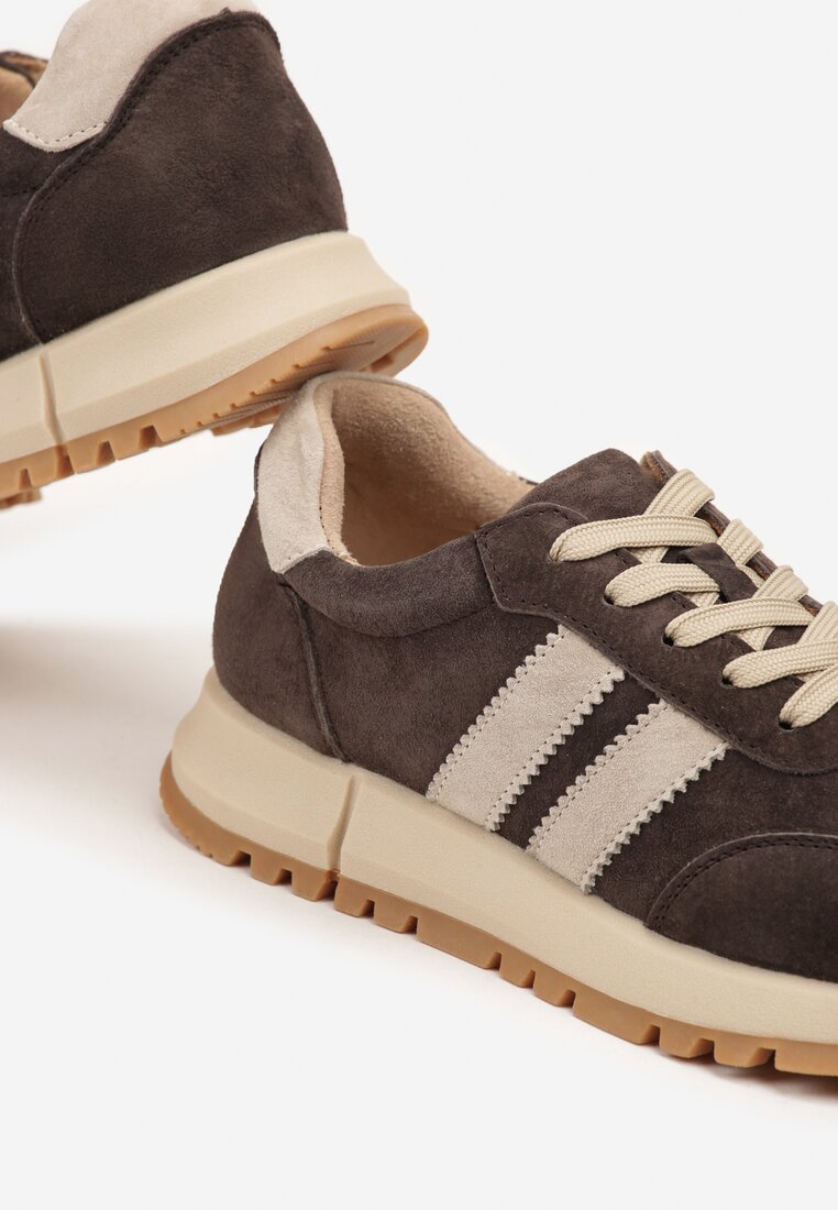 Ciemnobrązowe Sneakersy ze Skóry Naturalnej z Paskami Kiarre