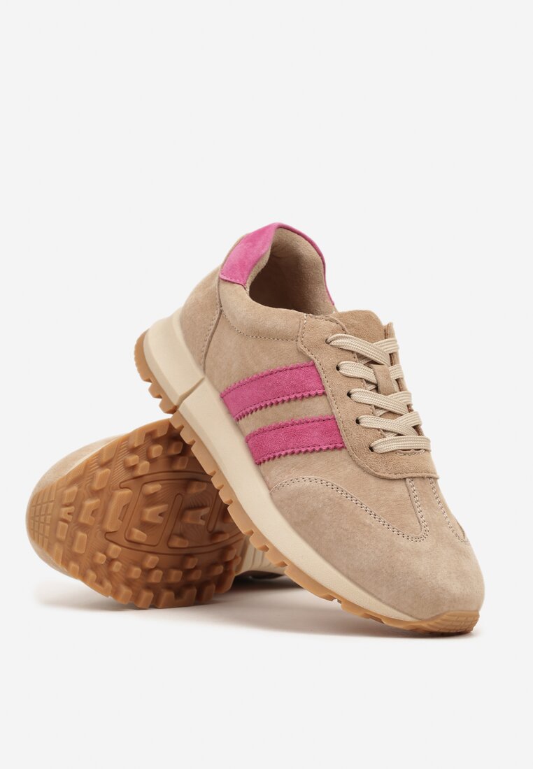 Beżowo-Fuksjowe Sneakersy ze Skóry Naturalnej z Paskami Kiarre