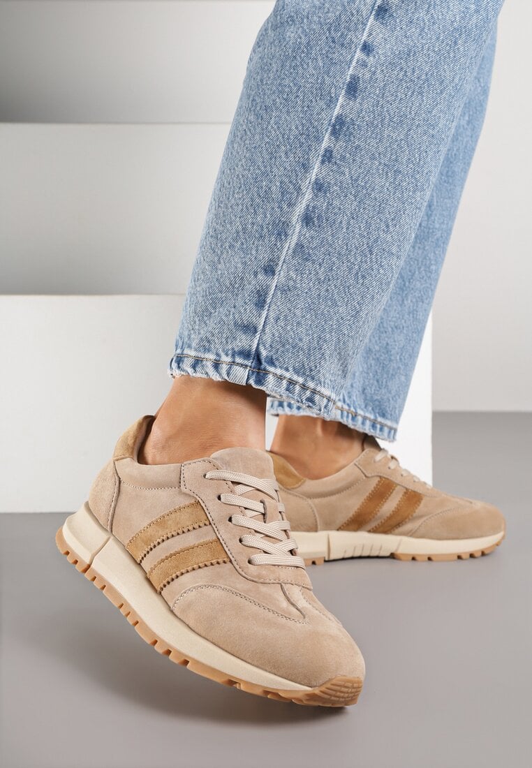 Beżowe Sneakersy ze Skóry Naturalnej z Paskami Kiarre