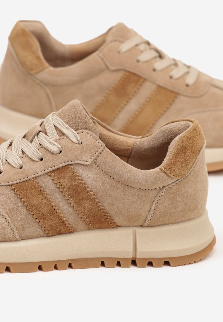 Beżowe Sneakersy ze Skóry Naturalnej z Paskami Kiarre
