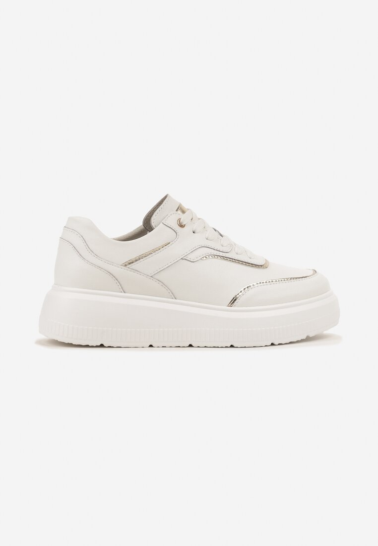 Białe Sneakersy na Platformie ze Skóry Naturalnej Ozdobione Metalicznymi Elementami Haliorea