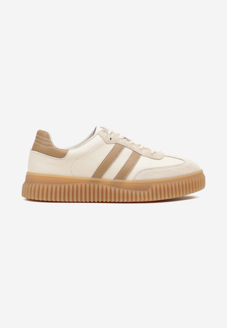 Beżowo-Brązowe Zamszowe Sneakersy w Stylu Kultowych Tenisówek ze Skórzaną Wkładką Tenannia