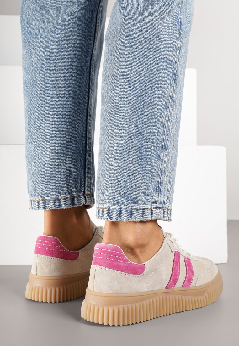 Beżowo-Fuksjowe Zamszowe Sneakersy w Stylu Kultowych Tenisówek ze Skórzaną Wkładką Tenannia
