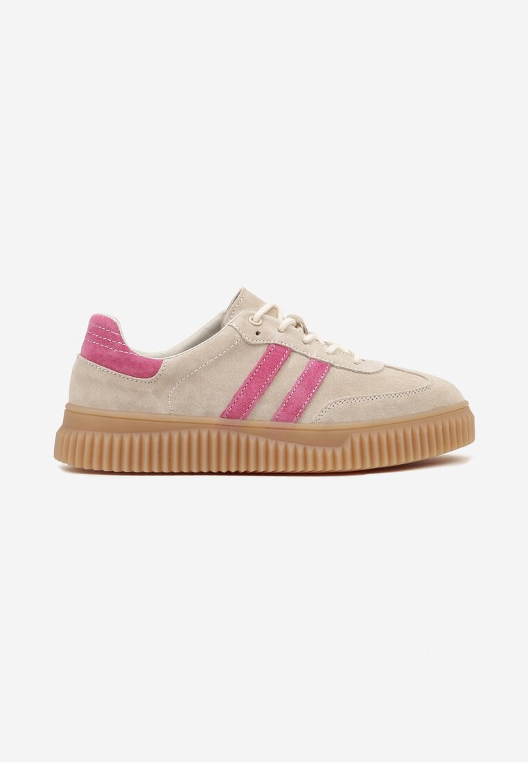 Beżowo-Fuksjowe Zamszowe Sneakersy w Stylu Kultowych Tenisówek ze Skórzaną Wkładką Tenannia