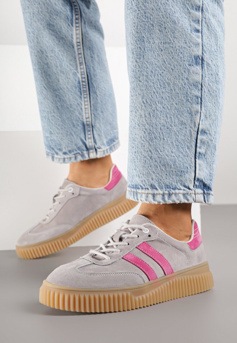 Szaro-Różowe Zamszowe Sneakersy w Stylu Kultowych Tenisówek ze Skórzaną Wkładką Tenannia