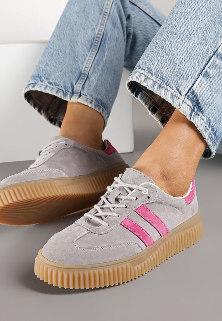 Szaro-Różowe Zamszowe Sneakersy w Stylu Kultowych Tenisówek ze Skórzaną Wkładką Tenannia