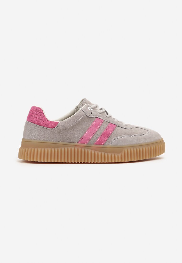 Szaro-Różowe Zamszowe Sneakersy w Stylu Kultowych Tenisówek ze Skórzaną Wkładką Tenannia
