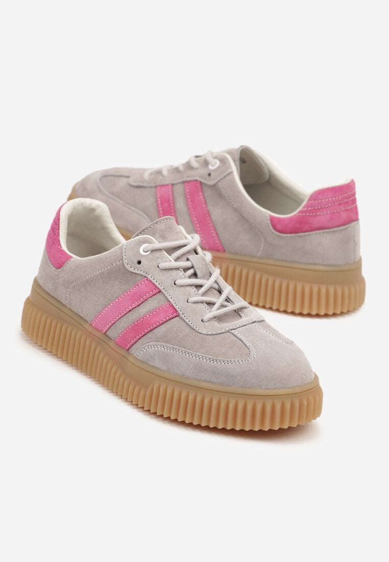 Szaro-Różowe Zamszowe Sneakersy w Stylu Kultowych Tenisówek ze Skórzaną Wkładką Tenannia