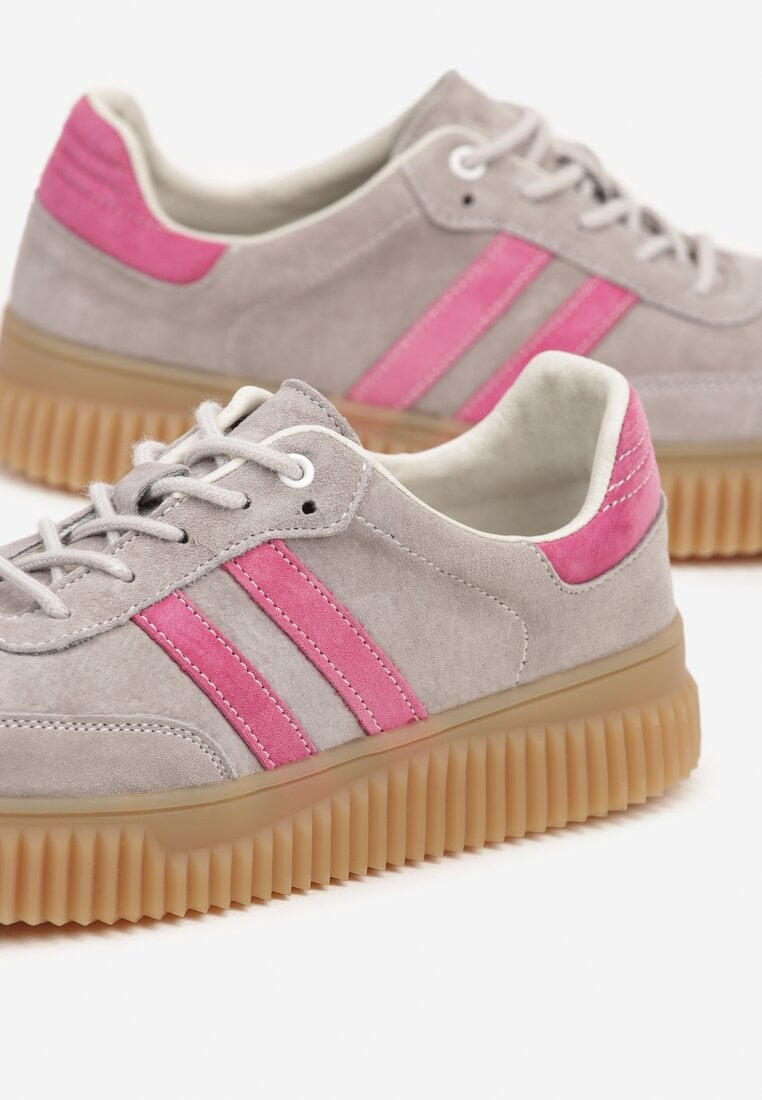 Szaro-Różowe Zamszowe Sneakersy w Stylu Kultowych Tenisówek ze Skórzaną Wkładką Tenannia