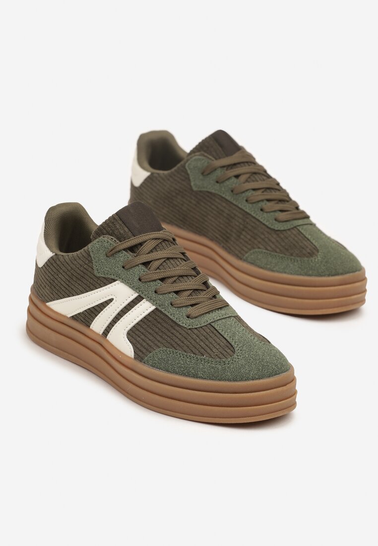 Zielone Sneakersy Tenisówki na Platformie z Tłoczeniem i Geometrycznym  Motywem Kialie