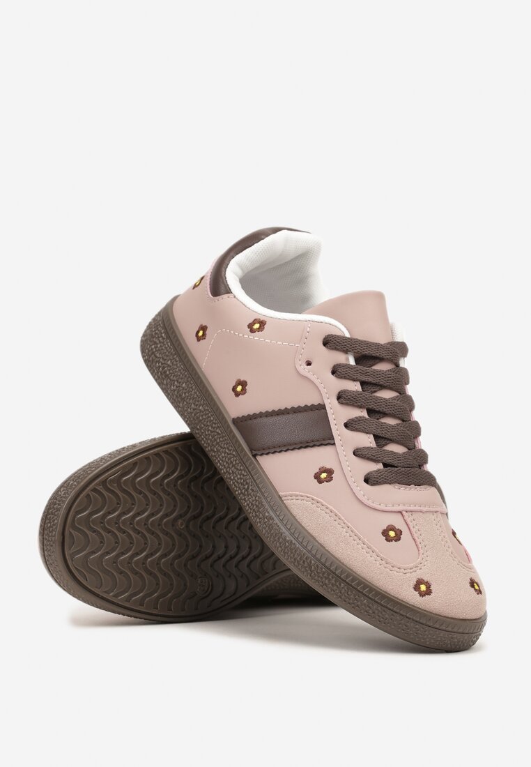 Różowe Sneakersy Tenisówki Ozdobione Kwiatkami Zummine