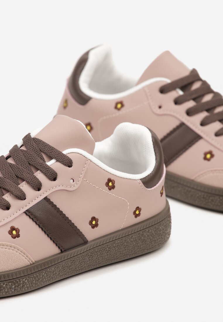 Różowe Sneakersy Tenisówki Ozdobione Kwiatkami Zummine