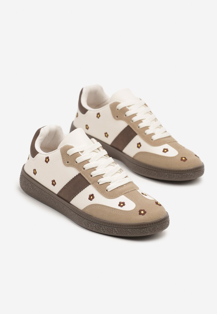 Beżowe Sneakersy Tenisówki Ozdobione Kwiatkami Zummine