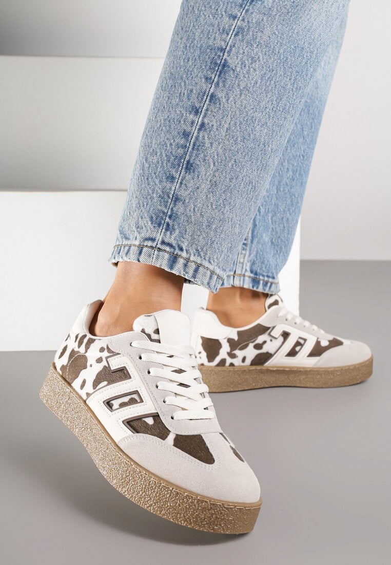 Beżowo-Brązowe Sneakersy Ozdobione Geometrycznym Motywem Lanelise