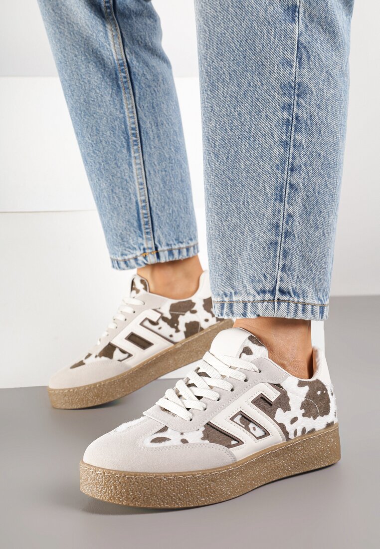 Beżowo-Brązowe Sneakersy Ozdobione Geometrycznym Motywem Lanelise