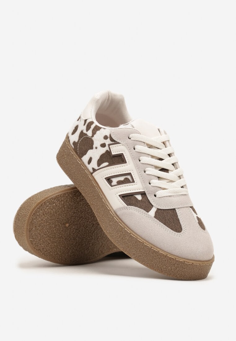 Beżowo-Brązowe Sneakersy Ozdobione Geometrycznym Motywem Lanelise